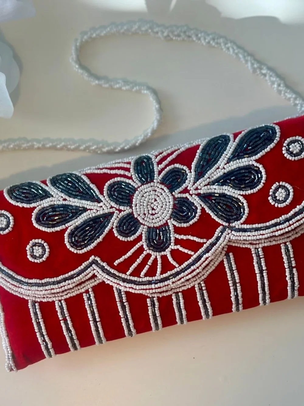 Embellished Red Beaded Floral Clutch
